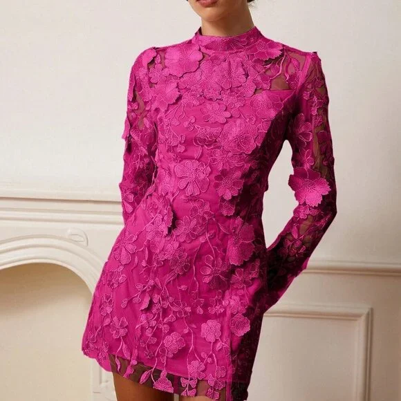 Hot Pink Elegant Women's Embroidery Floral Embroidered long sleeve Mesh dress - Picture 4 of 6